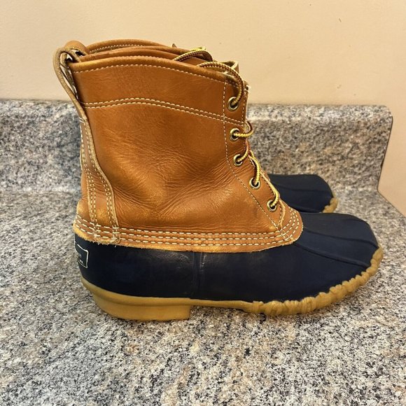LL BEAN Duck Boots Maine Hunting Shoe Womens Size 7 Brown‎ / Blue GUC - Picture 4 of 12